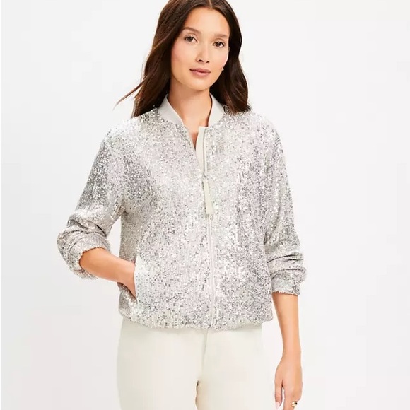 Loft Silver Sequin Bomber Jacket S - Picture 5 of 5